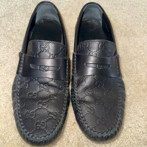 Gucci Men Black Leather Dress Shoes 7G 8.5USA Moccasin Driver Loafer 170618